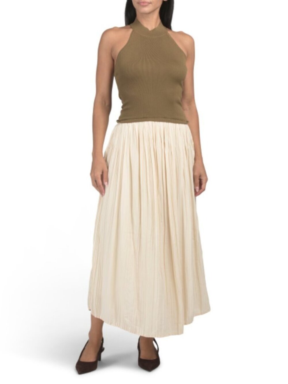 MOON RIVER Halter Mixed Media Maxi Dress